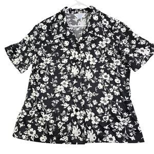 Vintage Sears Floral Hawaiian Button‎ Shirt Women's Large Black White 80s Resort